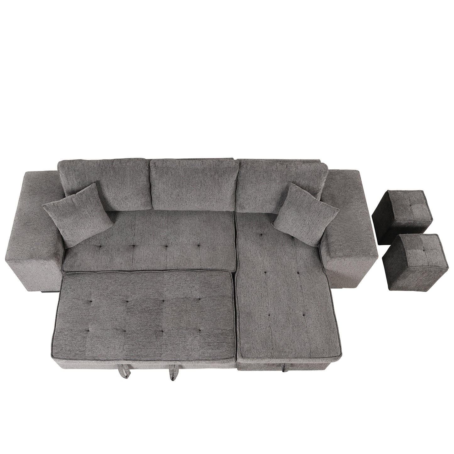 104" Modern L-Shape 3 Seat Reversible Sectional Couch, Pull Out Sleeper Sofa with Storage Chaise and 2 Stools for Living Room Furniture Set, Knox Charcoal