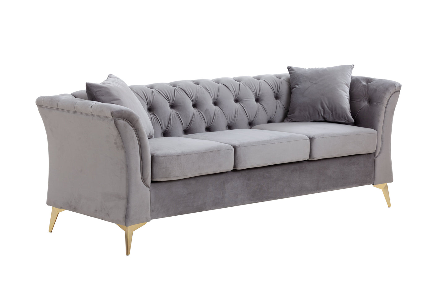 Modern Chesterfield Curved Sofa Tufted Velvet Couch 3 Seat Button Tufed Couch with Scroll Arms and Gold Metal Legs Grey