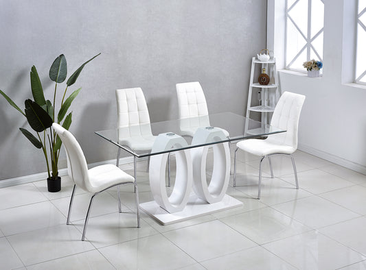 Modern Design Wood Dining Table with White Finish, Clear Glass Top, For 6 People
