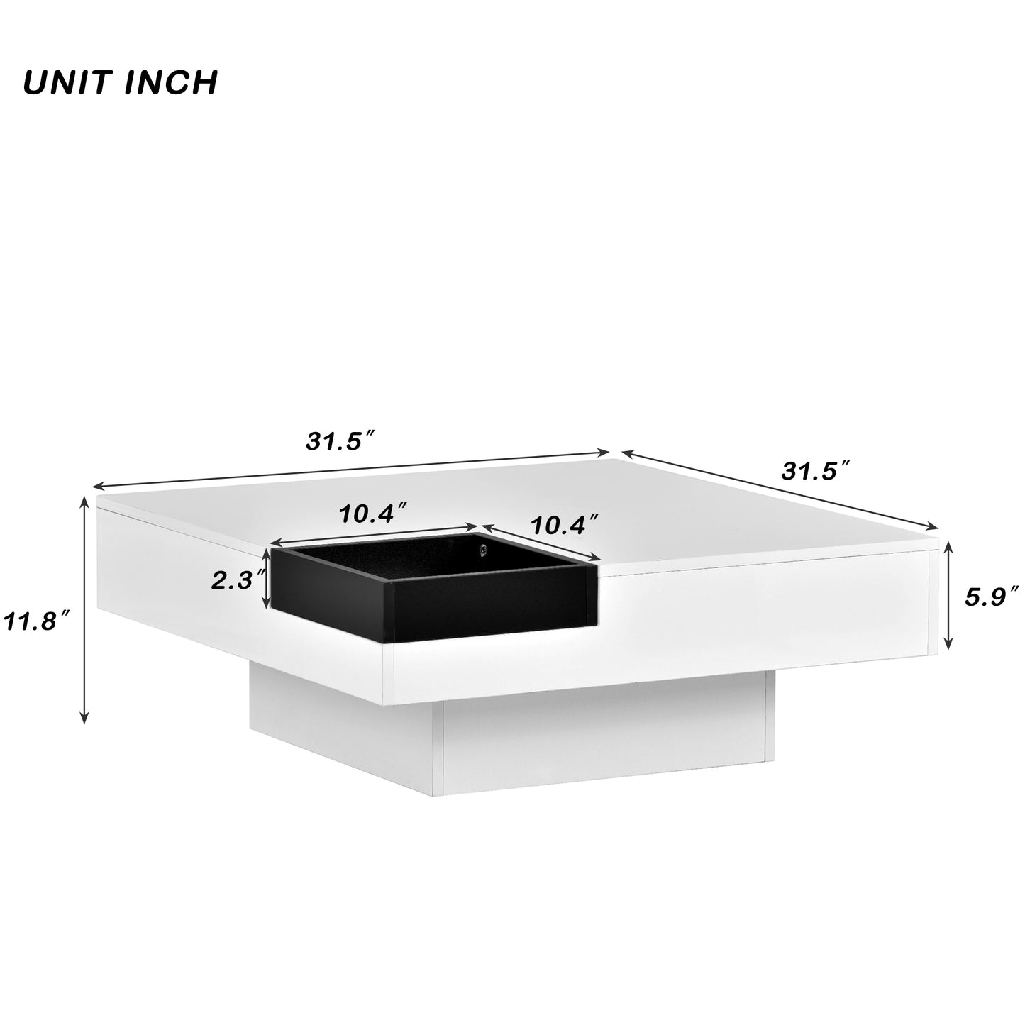Modern Minimalist Design 31.5x31.5in Square Coffee Table with Detachable Tray and Plug-in 16-color LED Strip Lights Remote Control for Living Room (