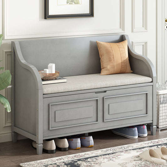 TREXM Rustic Style Solid wood Entryway Multifunctional Storage Bench with Safety Hinge (Gray Wash+ Beige)