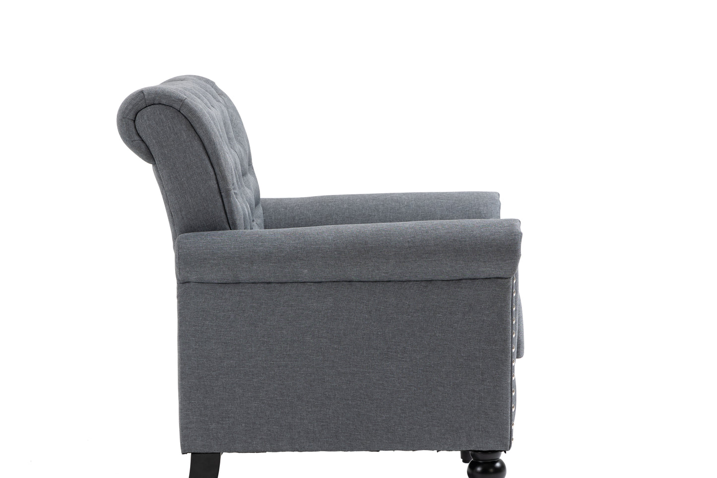 Mid-Century Modern Accent Chair, Linen Armchair w/Tufted Back/Wood Legs, Upholstered Lounge Arm Chair Single Sofa for Living Room Bedroom, Gray