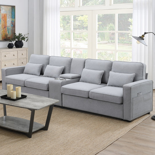 114.2" Upholstered Sofa with Console, 2 Cupholders and 2 USB Ports Wired or Wirelessly Charged, Modern Linen Fabric Couches with 4 Pillows for Living Room, Apartment (4-Seat)
