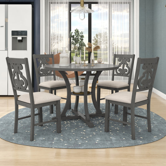 5-Piece Round Dining Table and Chair Set with Special-shaped Legs and an Exquisitely Designed Hollow Chair Back for Dining Room (Gray)