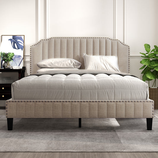 Modern Linen Curved Upholstered Platform Bed, Solid Wood Frame, Nailhead Trim, Beige (Queen)