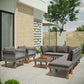 9-Piece Outdoor Patio Garden Wicker Sofa Set, Gray PE Rattan Sofa Set, with Wood Legs, Acacia Wood Tabletop, Armrest Chairs with Gray Cushions