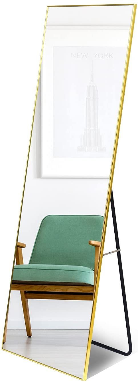 Full Length Mirror, Floor Mirror with Stand, Dressing Mirror, Bedroom Mirror with Aluminium Frame 65"x22", Gold