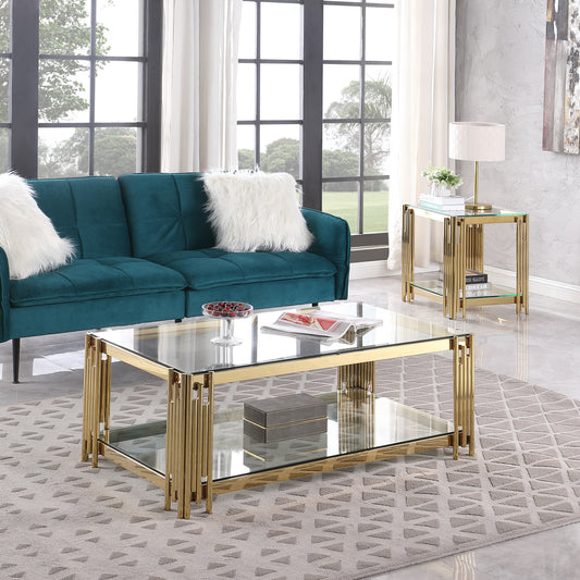 Woker Furniture  48" Wide Rectangular Coffee Table with Glass Top, Golden Stainless Steel Double-Layer Coffee Table for Living Room