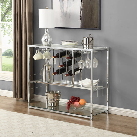 Bar Cart Kitchen Bar&Serving Cart for Home with Glass Holder and Wine Rack, 3-Tier Kitchen Trolley with Tempered Glass Shelves and Chrome-Finished