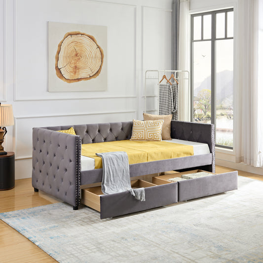 Daybed with Drawers, Modern Velvet Upholstered Twin Size Day Bed Button-Tufted Sofa Daybed Frame with Double Drawers, No Box Spring Needed, Furniture for Bedroom Living Guest Room (8199-Grey, Twin)