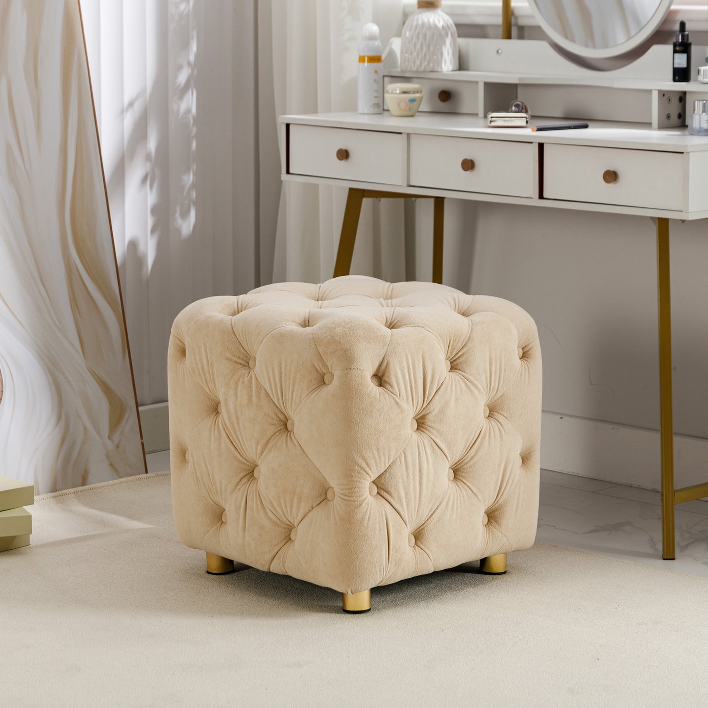 Beige Modern Velvet Upholstered Ottoman, Exquisite Small End Table, Soft Foot Stool, Dressing Makeup Chair, Comfortable Seat for Living Room, Bedroom, Entrance