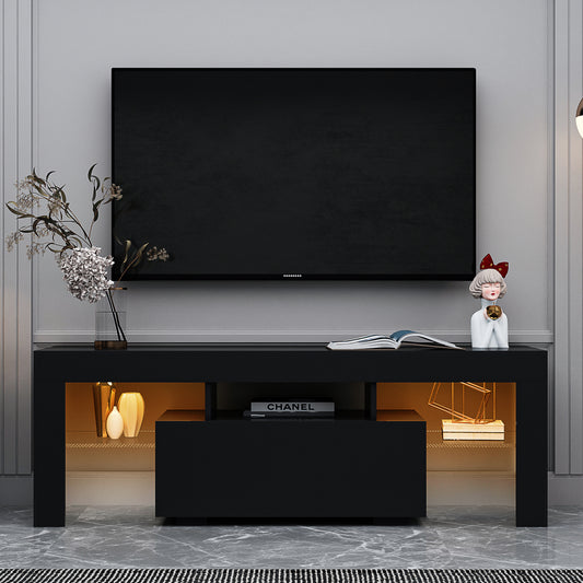 Black TV Stand with LED RGB Lights, Flat Screen TV Cabinet, Gaming Consoles - in Lounge Room, Living Room and Bedroom (Black)