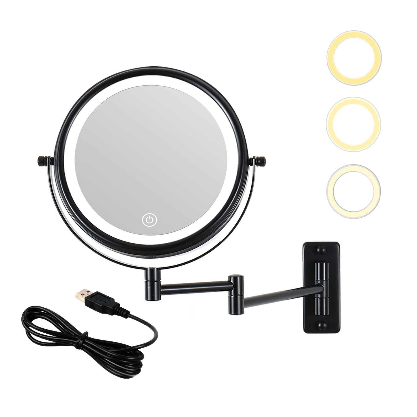 8-inch Wall Mounted Makeup Vanity Mirror, 3 colors Led lights, 1X/10X Magnification Mirror, 360 degree Swivel with Extension Arm (Black)