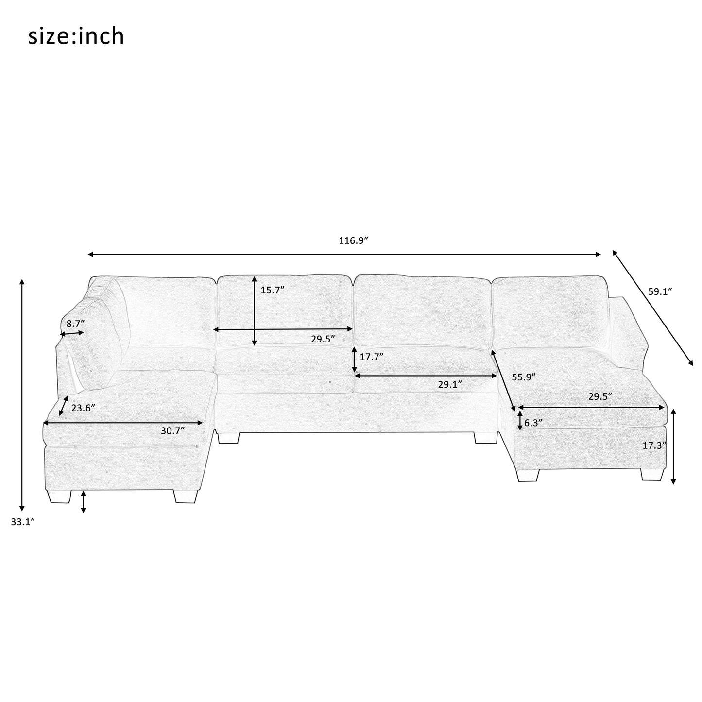 Modern Large U-Shape Sectional Sofa, Double Extra Wide Chaise Lounge Couch, Grey