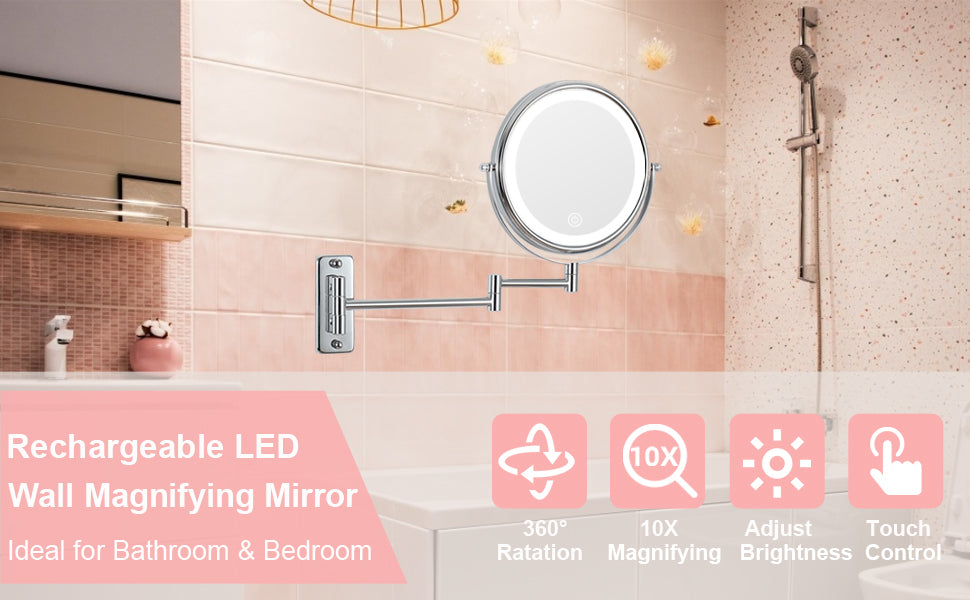 8-inch Wall Mounted Makeup Vanity Mirror, 3 colors Led lights, 1X/10X Magnification Mirror, 360 degree Swivel with Extension Arm (Chrome Finish)