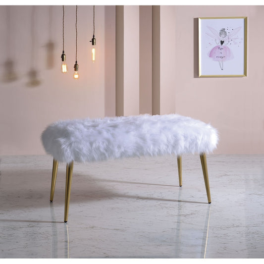 Bagley II Bench in White Faux Fur & Gold
