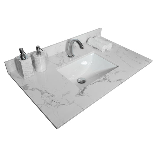 31inch bathroom stone vanity top engineered white marble color with undermount ceramic sink and single faucet hole with backsplash