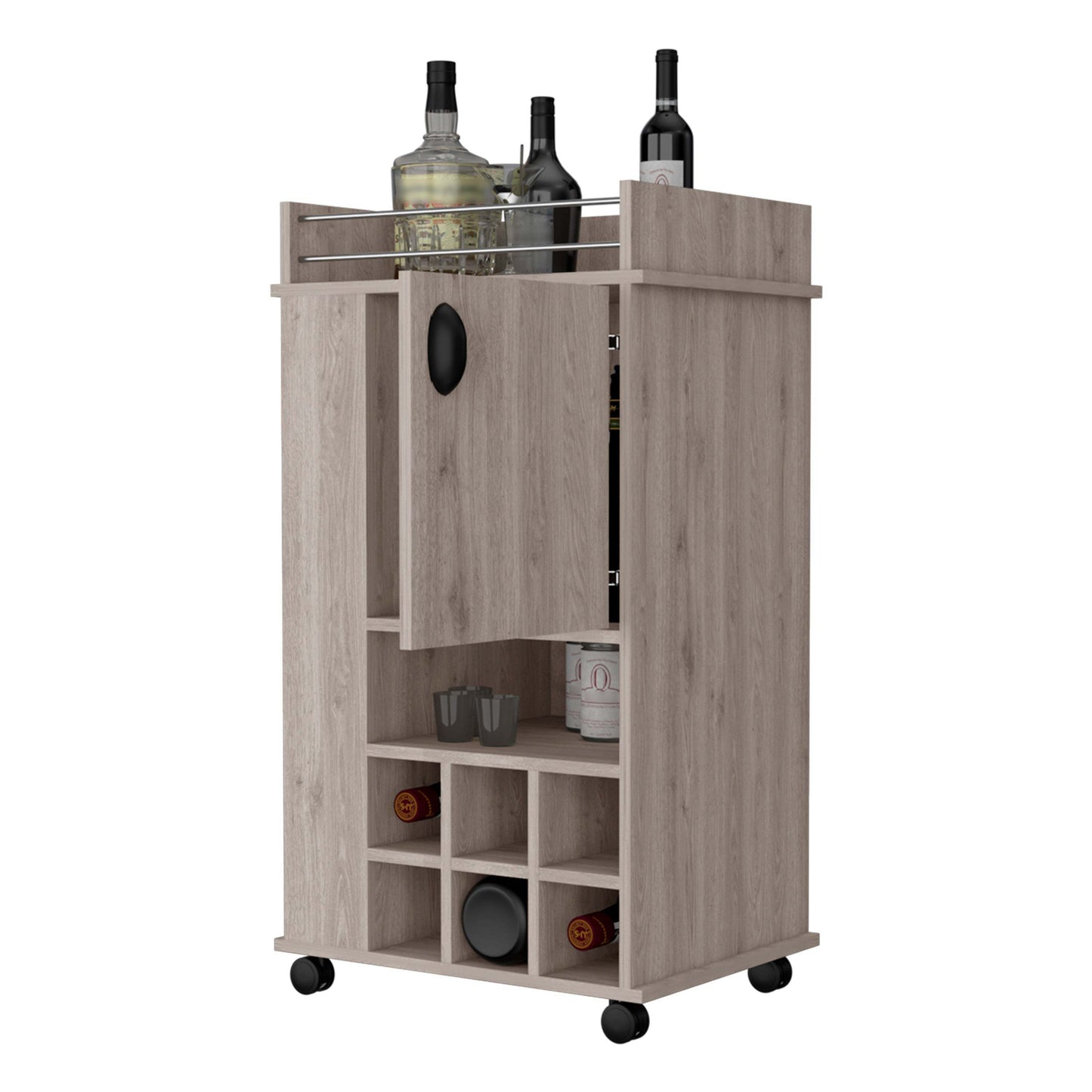 Allandale 1-Door Bar Cart with Wine Rack and Casters Light Gray