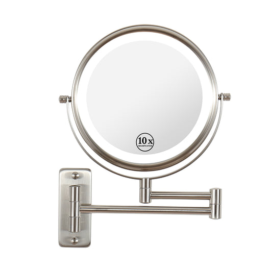 8-inch Wall Mounted Makeup Vanity Mirror, 3 colors Led lights, 1X/10X Magnification Mirror, 360 degree Swivel with Extension Arm (Brushed Nickel)