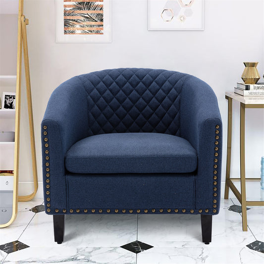 accent Barrel chair living room chair with nailheads and solid wood legs Black Navy Linen