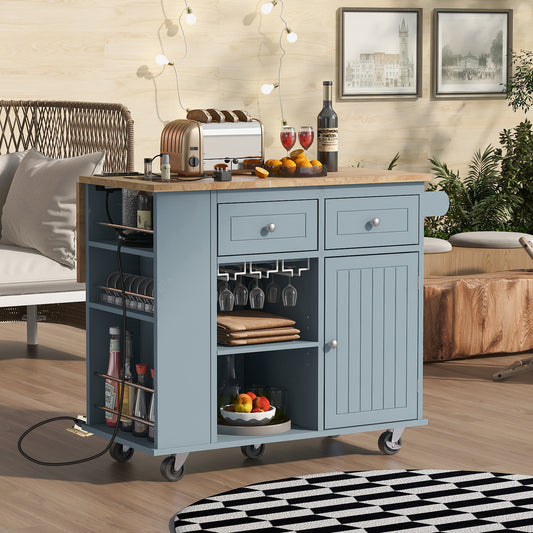 Kitchen Island with Power Outlet,Kitchen Storage Island with Drop Leaf and Rubber Wood,Open Storage and Wine Rack,5 Wheels,with Adjustable Storage for Home, Kitchen, and Dining Room, Grey Blue