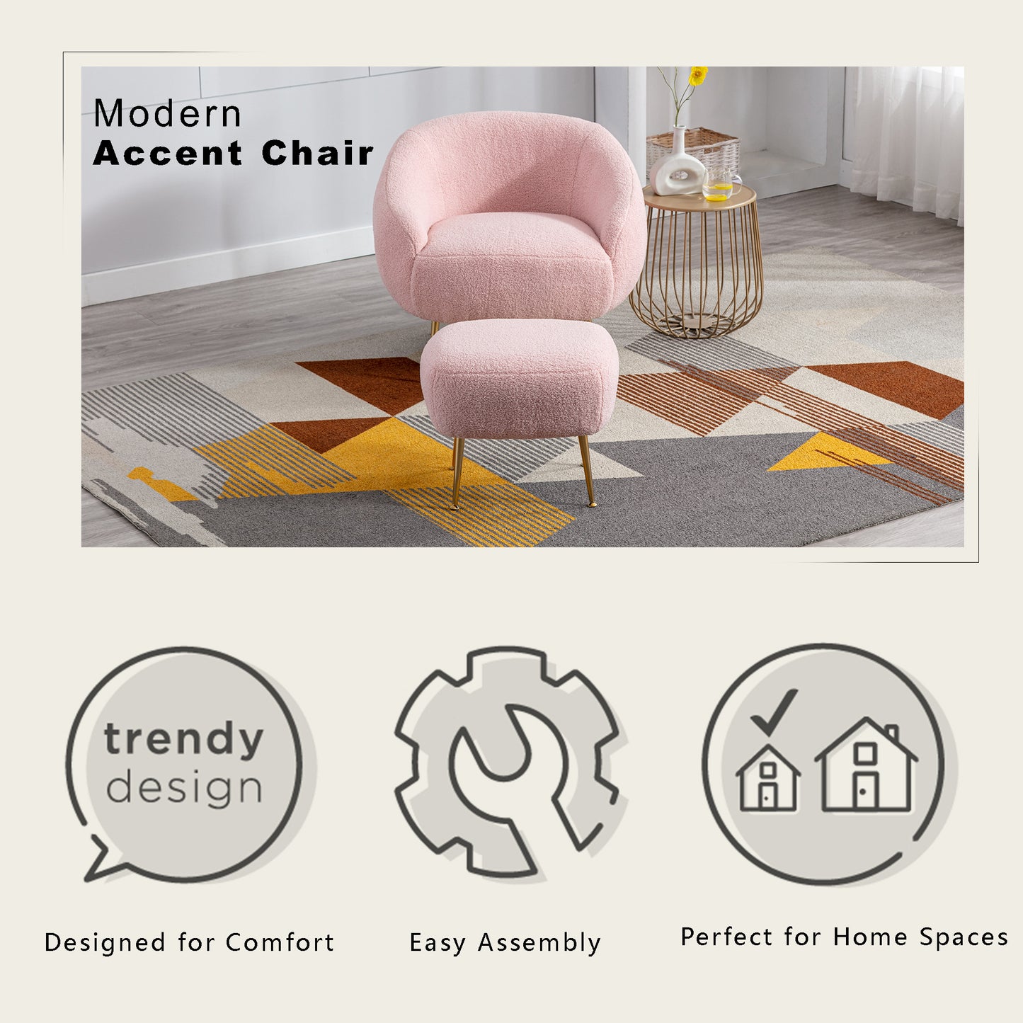 Modern Comfy Leisure Accent Chair, Teddy Short Plush Particle Velvet Armchair with Ottoman for Living Room