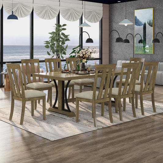 9-Piece Retro Style Dining Table Set 78" Wood Rectangular Table and 8 Dining Chairs for Dining Room (Natural Walnut)