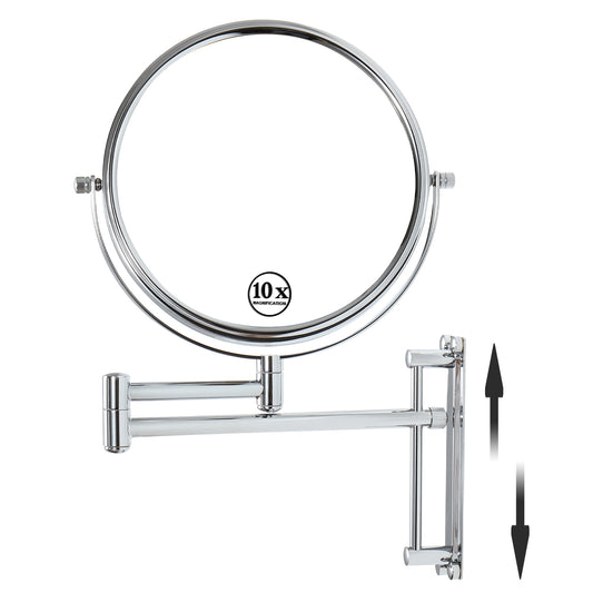 8-inch Wall Mounted Makeup Vanity Mirror, Height Adjustable, 1X / 10X Magnification Mirror, 360 degree Swivel with Extension Arm (Chrome Finish)