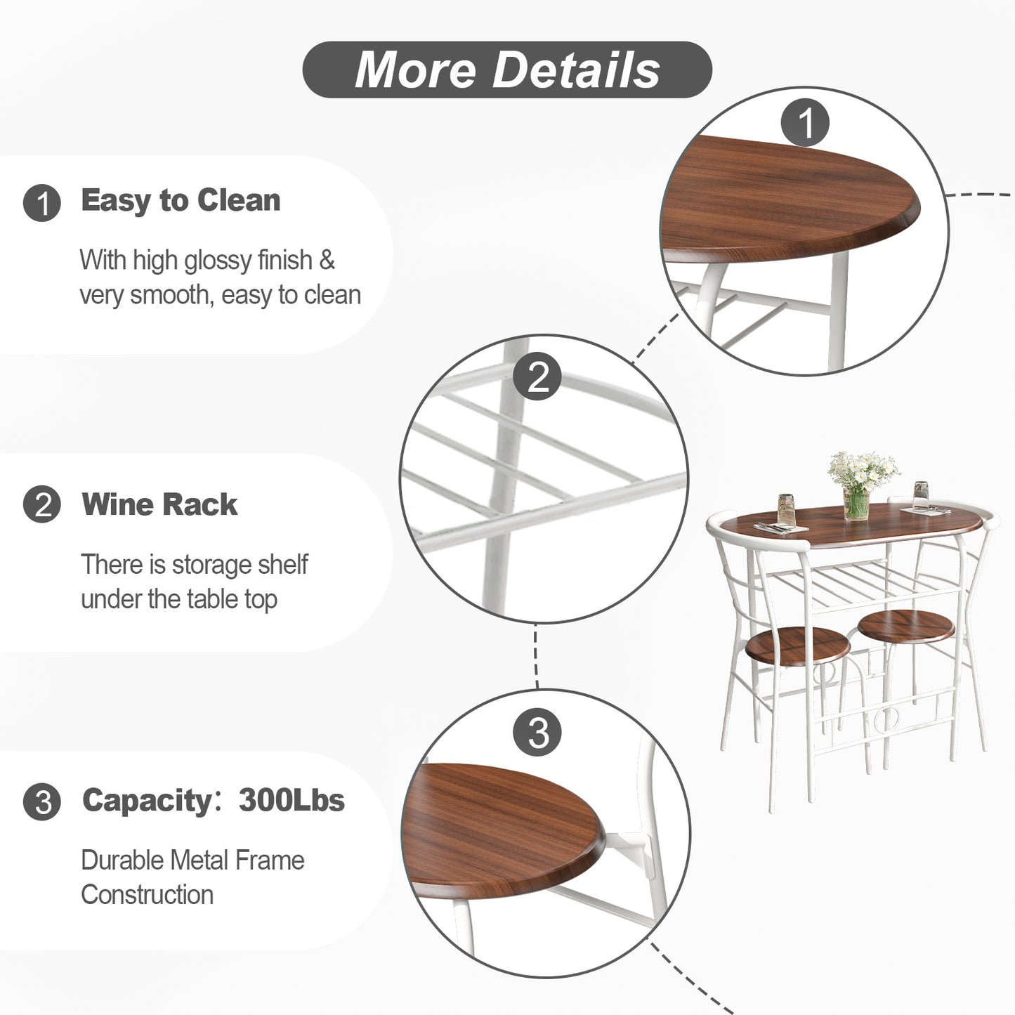 Space Saving Table Set Round Bistro Table Set Kitchen Rack Table and Wooden Chairs for Small Spaces Outdoor bar Table and Chairs Set, Brown & White, one set of three pcs, Dark Brown