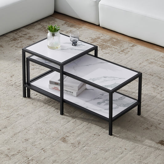 Modern Nesting coffee table Square & rectangle, Black metal frame with wood marble color top
