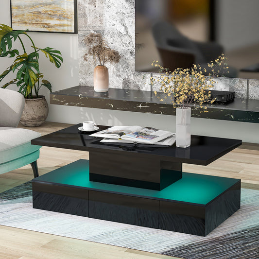 Modern Glossy Coffee Table With Drawer, 2-Tier Rectangle Center Table with Plug-in 16 colors LED lighting for Living room, 39.3" x19.6" x15.3"