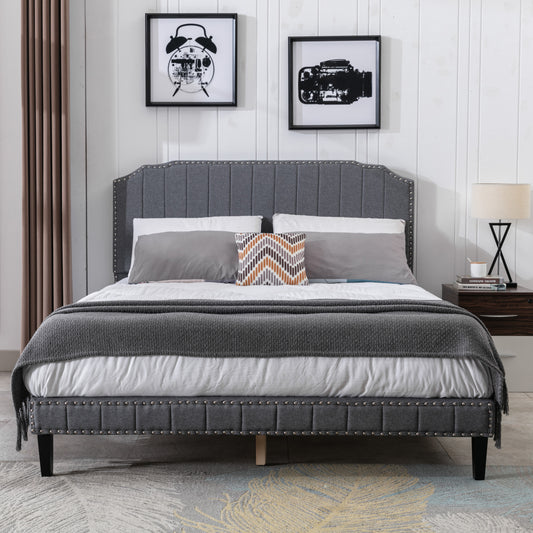 DongHeng Queen Size Bed with Headboard, Modern Linen Curved Upholstered Platform Bed, Solid Wood Frame, Nailhead Trim, Gray
