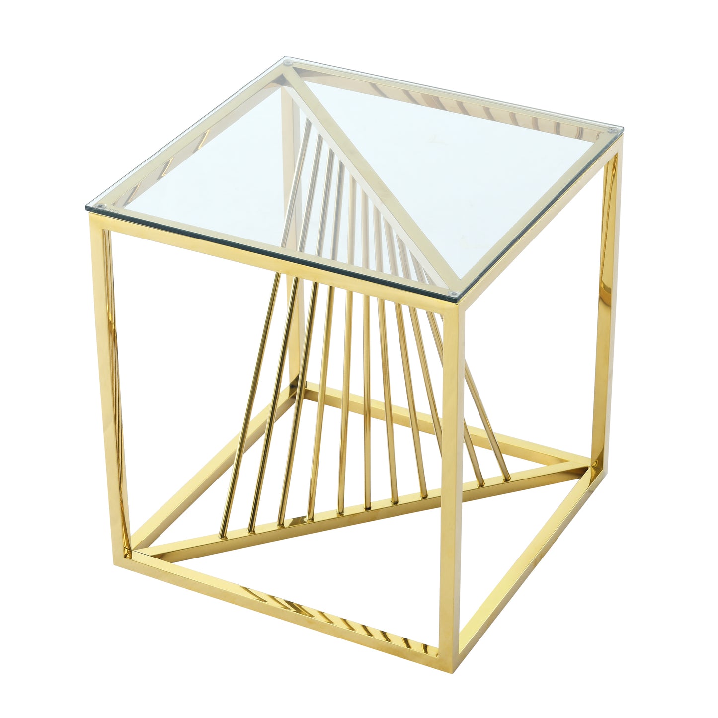 20 Inch Modern Glass End Table with Geometric Metal Frame, Accent Table Nightstand Furniture Corner Table for Living Room, Home Office, Bedroom - Gold