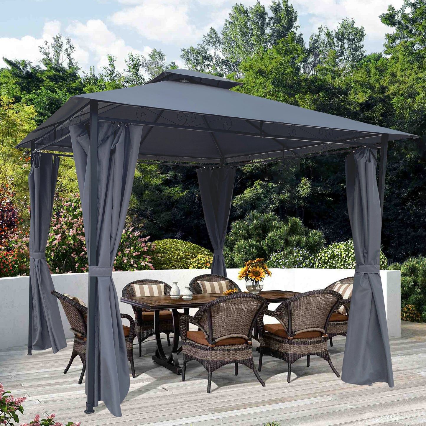 10x10 Ft Outdoor Patio Garden Gazebo Tent, Outdoor Shading, Gazebo Canopy With Curtains, Gray