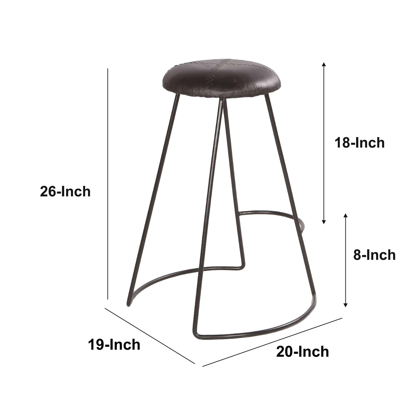 26 Inch Modern Counter Height Stool, Genuine Leather Upholstery, Metal Frame, Baseball Stitching, Black