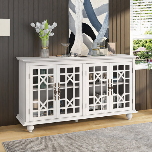 Sideboard with Adjustable Height Shelves, Metal Handles, and 4 Doors for Living Room, Bedroom, and Hallway (Antique White)