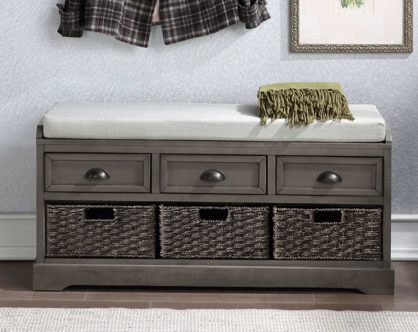 Homes Collection Wood Storage Bench with 3 Drawers and 3 Baskets