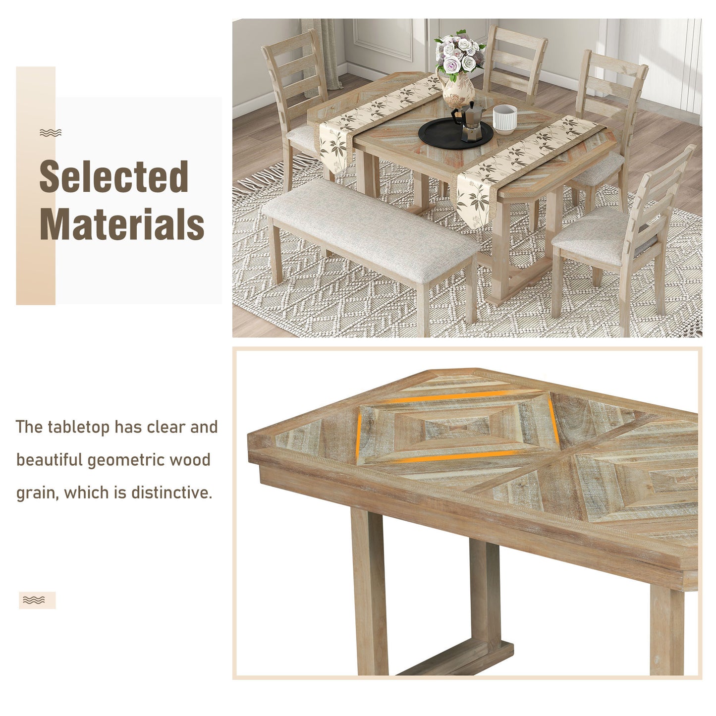 6-Piece Rubber Wood Dining Table Set with Beautiful Wood Grain Pattern Tabletop Solid Wood Veneer and Soft Cushion (Natural Wood Wash)