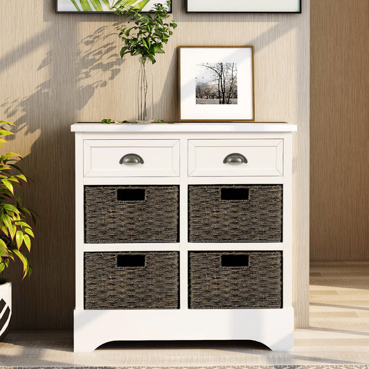 Rustic Storage Cabinet with Two Drawers and Four Classic Rattan Basket for Dining Room/Living Room (White)