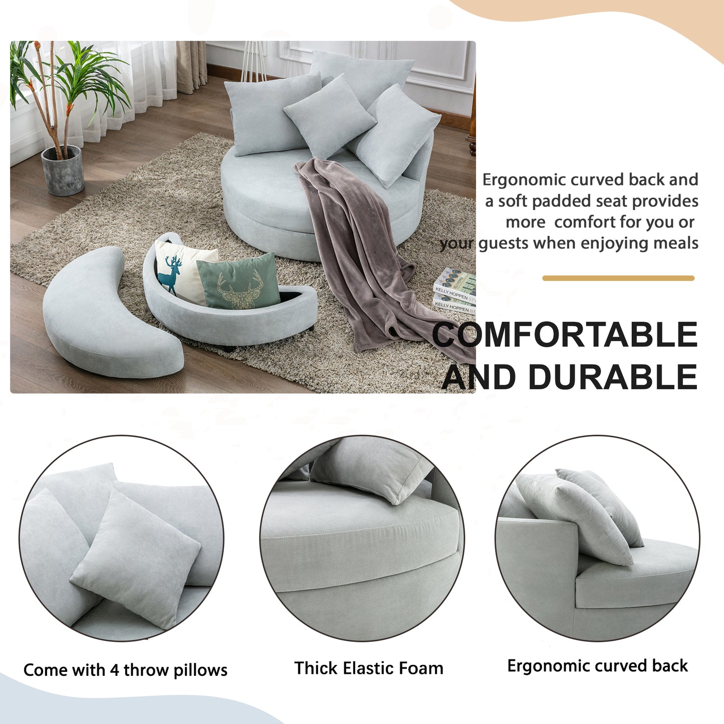 360 degree Swivel Accent Barrel Chair with Storage Ottoman & 4 Pillows, Modern Linen Leisure Chair Round Accent for Living Room