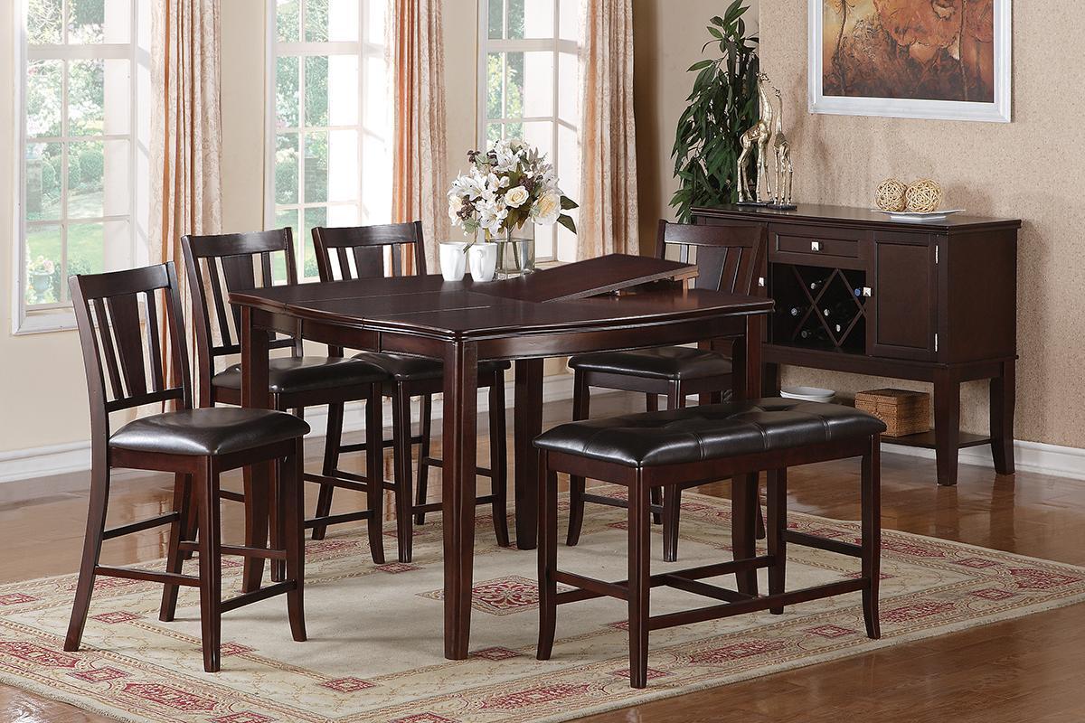 Contemporary Counter Height Dining 6pc Set Table w Butterfly Leaf 4x Chairs A Bench Brown Finish Rubberwood Chairs Cushions Kitchen Dining Room Furniture