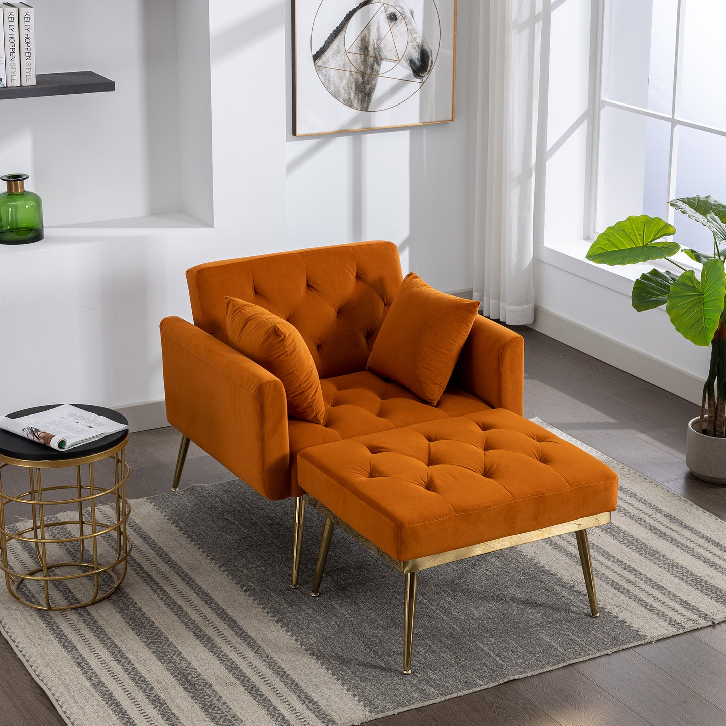 36.61" Wide Modern Accent Chair With 3 Positions Adjustable Backrest, Tufted Chaise Lounge Chair, Single Recliner Armchair With Ottoman And Gold Legs For Living Room, Bedroom (Orange)