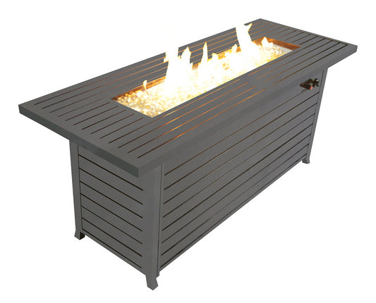 57in Outdoor Gas Propane Fire Pits Table, Aluminum, 50000BTU Firepit Fireplace Dining Table with Lid, Fire Glass, Retangular, ETL Certification, for Garden Backyard Deck Patio-Mocha