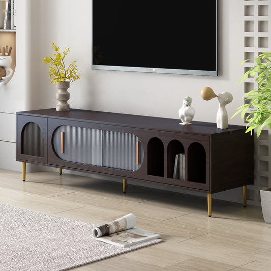 U-Can Modern TV Stand for 70+ Inch TV, Entertainment Center TV Media Console Table, with 3 Shelves and 2 Cabinets, TV Console Cabinet Furniture for Living Room