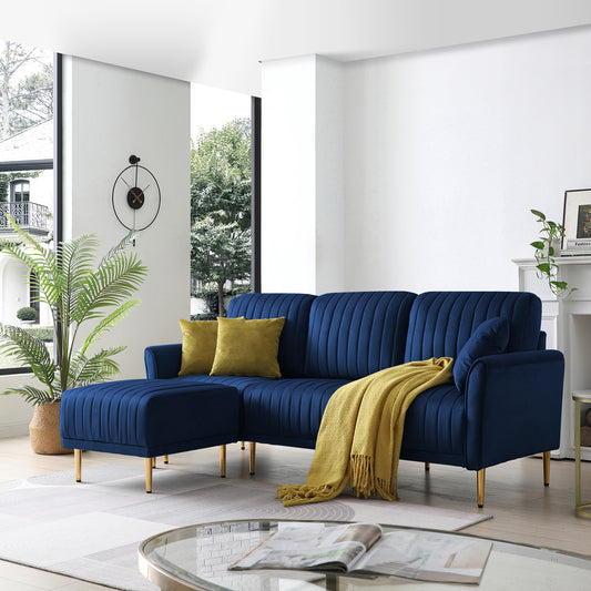 Modern Velvet Upholstered Reversible Sectional 3 Seat Sofa, L-Shaped Couch with Movable Ottoman and Gold Legs For Living Room (Blue)