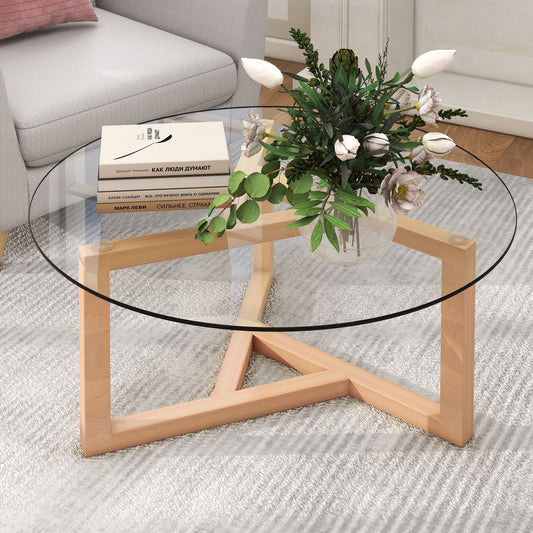 Round Glass Coffee Table Modern Cocktail Table Easy Assembly with Tempered Glass Top & Sturdy Wood Base, Natural