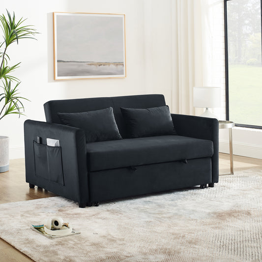 Convertible Sofa Bed, 3-in-1 Versatile Velvet Double Sofa with Pullout Bed, Seat with Adjustable Backrest, Lumbar Pillows, and Living Room Side Pockets, 54 Inch, Black