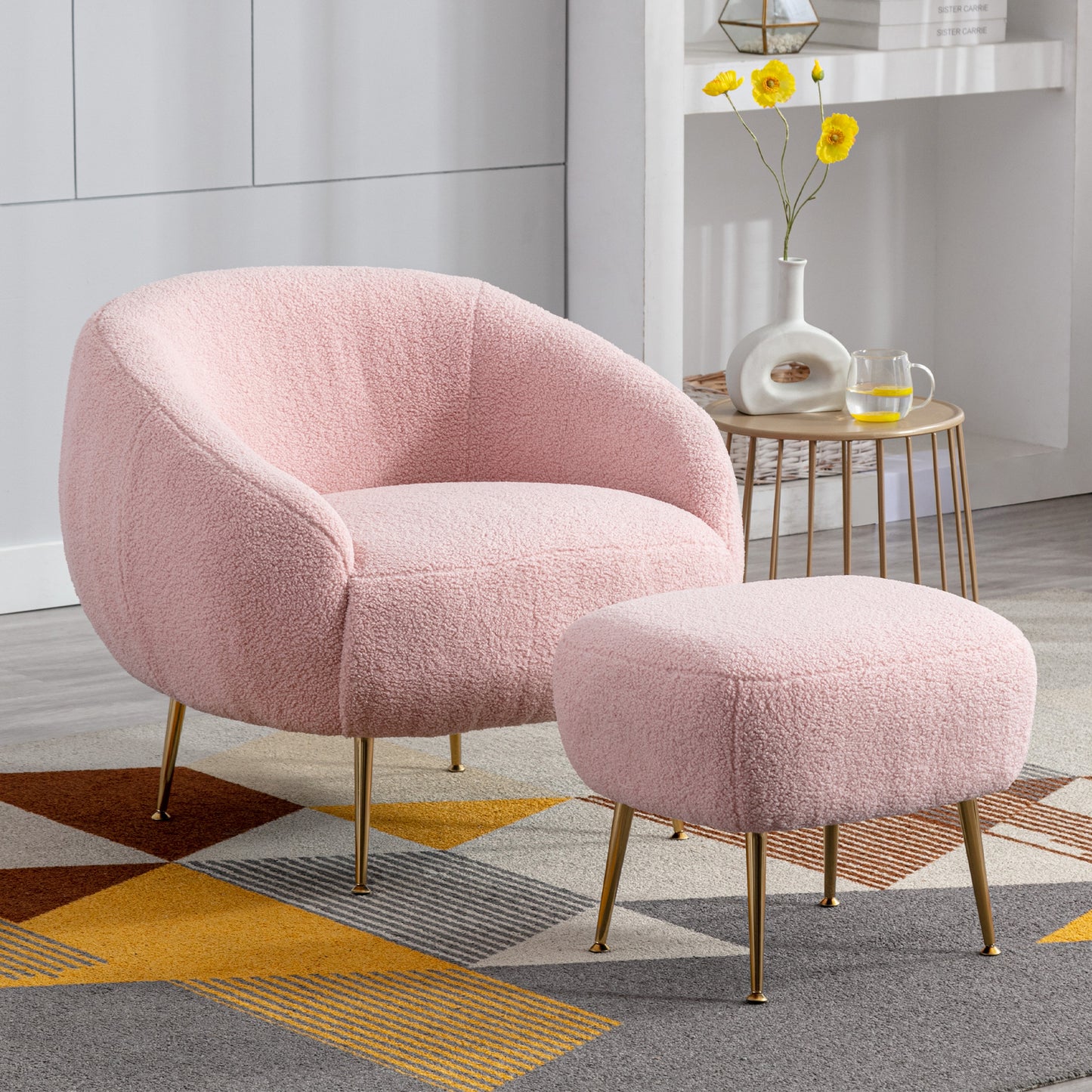 Modern Comfy Leisure Accent Chair, Teddy Short Plush Particle Velvet Armchair with Ottoman for Living Room