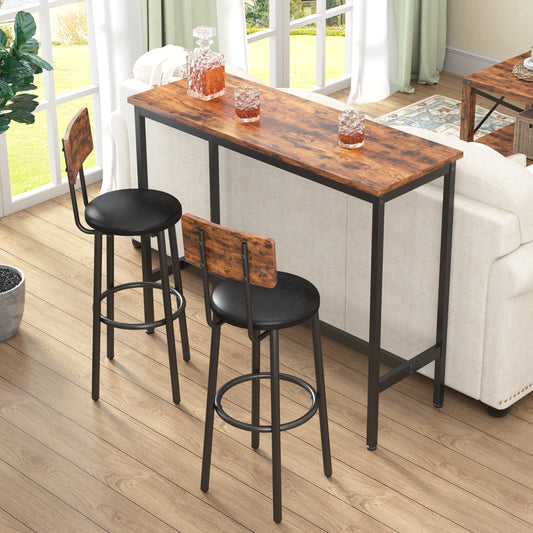 Bar Table Set with 2 Bar stools PU Soft seat with backrest (Rustic Brown, 43.31" FanÂw x 15.75" FanÂd x 23.62" FanÂh)