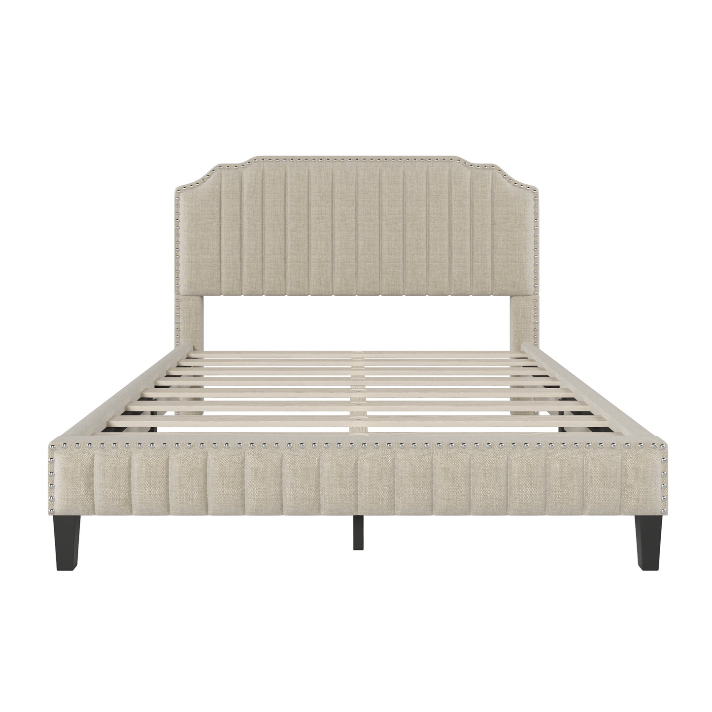 Modern Linen Curved Upholstered Platform Bed, Solid Wood Frame, Nailhead Trim, Beige (Queen)